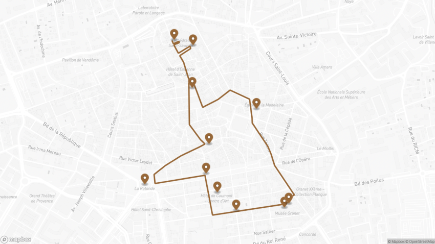 Map of the Self-Guided Walking Tour of Aix-en-Provence, France walking route with 11 stops in Aix en Provence.