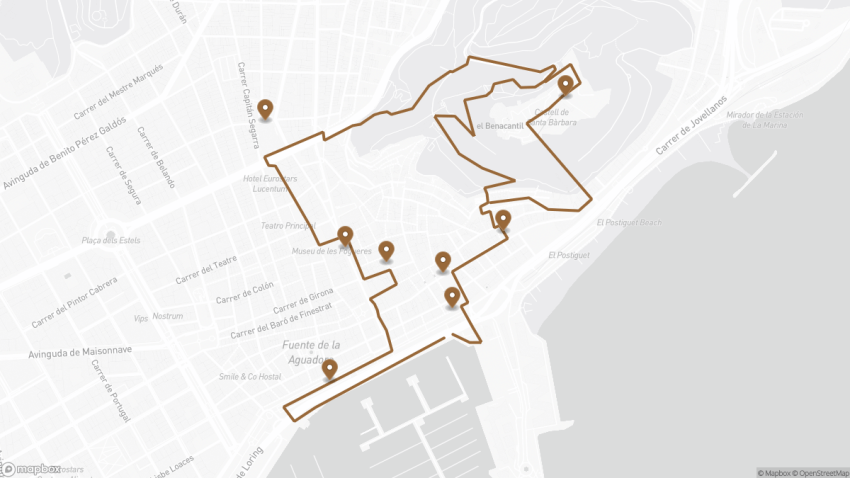 Map of the Self-Guided Walking Tour of Alicante walking route with 8 stops in Alicante.