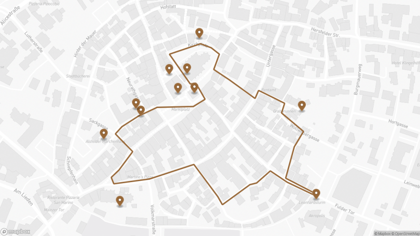 Map of the Self-Guided Walking Tour of Alsfeld, Germany walking route with 11 stops in Alsfeld.