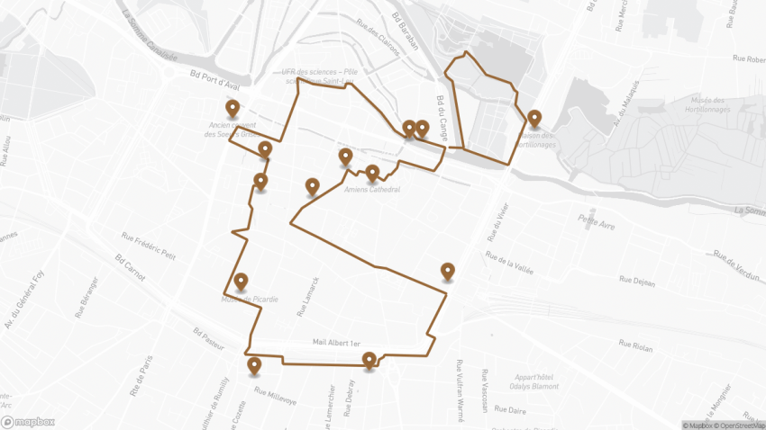 Map of the Self-Guided Walking Tour of Amiens, France walking route with 13 stops in Amiens.