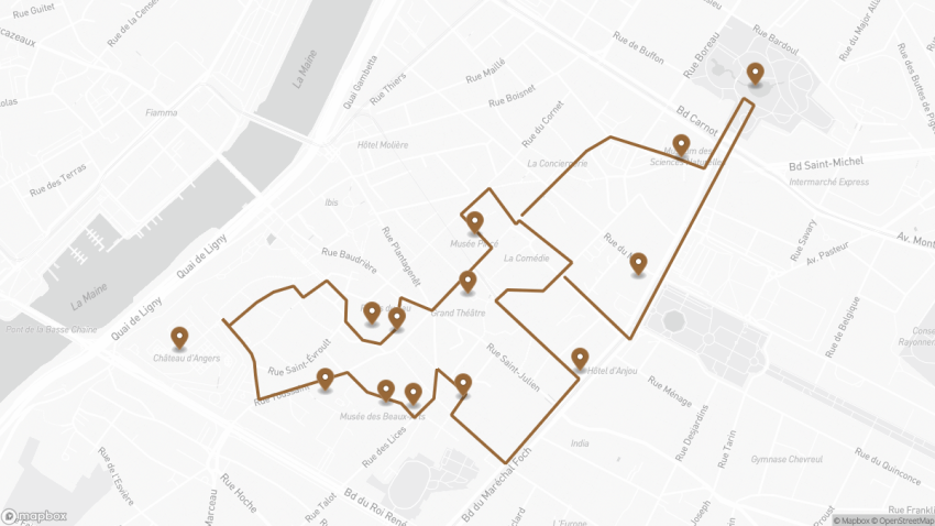 Map of the Self-Guided Walking Tour of Angers, France walking route with 13 stops in Angers.