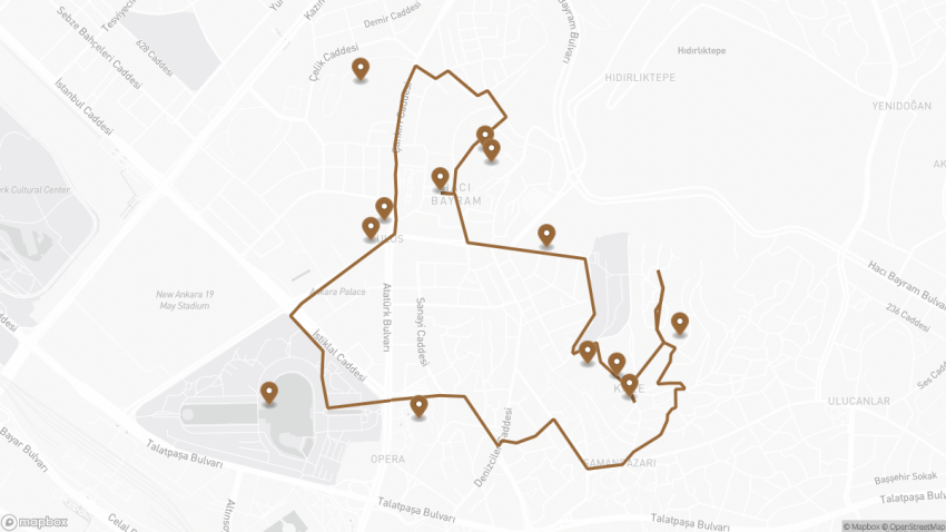 Map of the Self-Guided Walking Tour of Ankara walking route with 13 stops in Ankara.