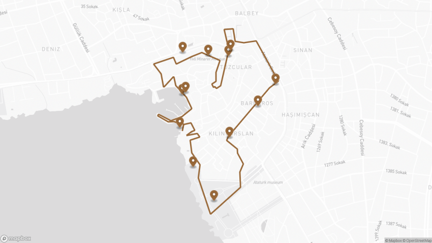 Map of the Self-Guided Walking Tour of Antalya, Turkey walking route with 12 stops in Antalya.