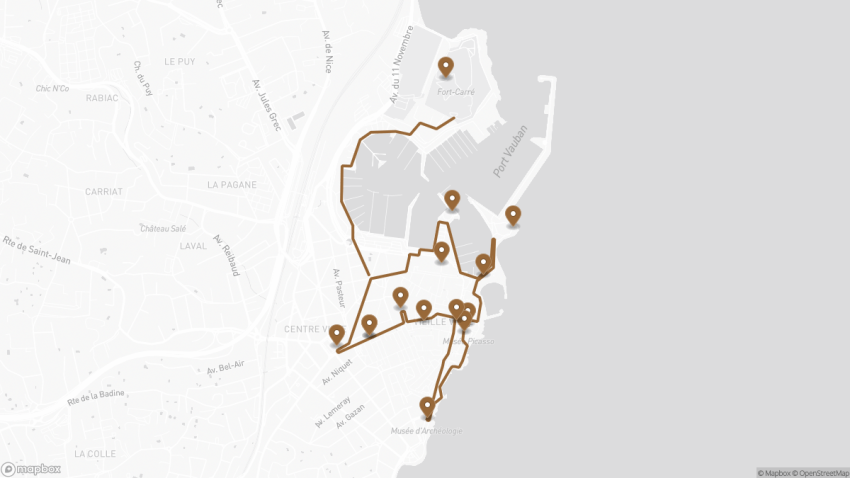 Map of the Self-Guided Walking Tour of Antibes, France walking route with 14 stops in Antibes.
