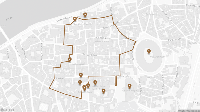 Map of the Self-Guided Walking Tour of Arles, France walking route with 11 stops in Arles.