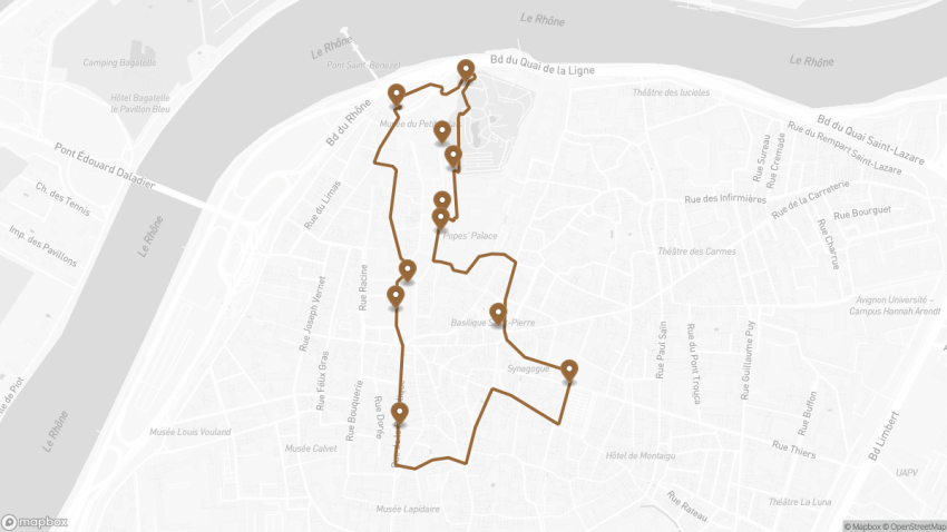 Map of the Self-Guided Walking Tour of Avignon walking route with 11 stops in Avignon.