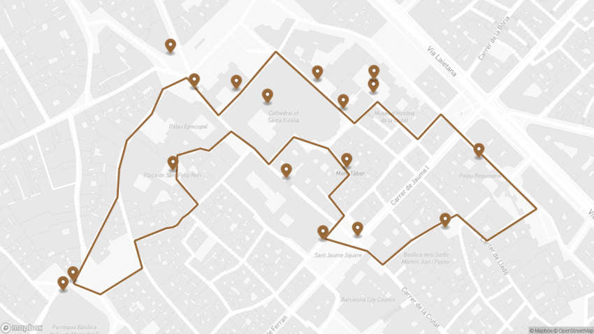 Map of the Self-Guided Walking Tour of Barcelona’s Gothic Quarter walking route with 17 stops in Barcelona.