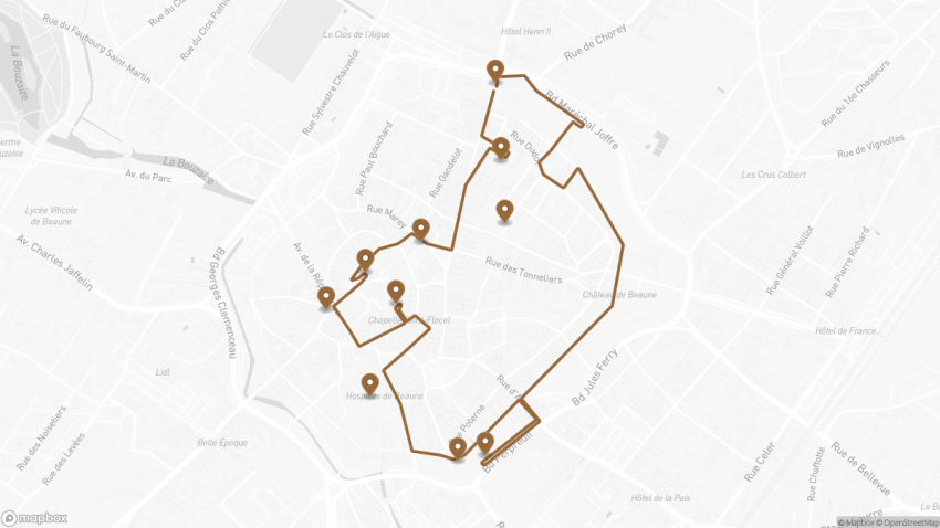 Map of the Self-Guided Walking Tour of Beaune, France walking route with 10 stops in Beaune.