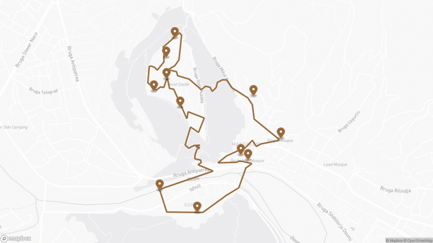 Map of the Self-Guided Walking Tour of Berat, Albania walking route with 11 stops in Berat.