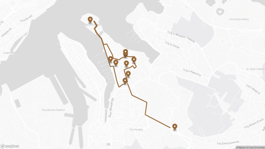 Map of the Self-Guided Walking Tour of Birgu walking route with 10 stops in Birgu.