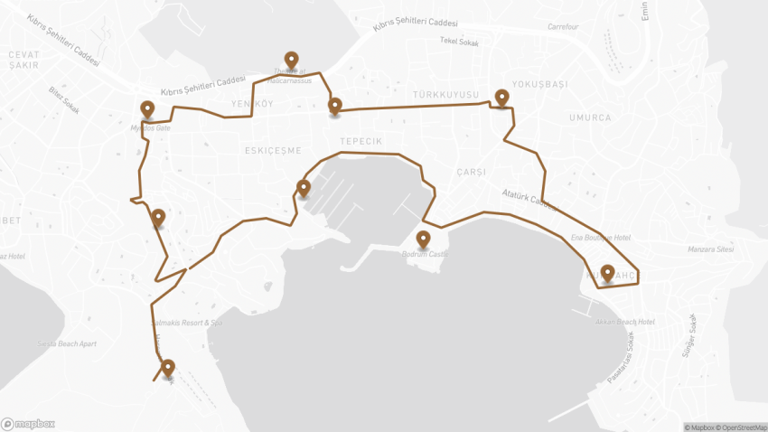 Map of the Self-Guided Walking Tour of Bodrum walking route with 9 stops in Bodrum.