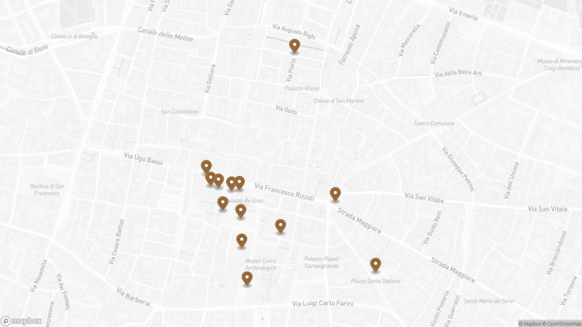 Map of the Self-Guided Walking Tour of Bologna, Italy walking route with 13 stops in Bologna.