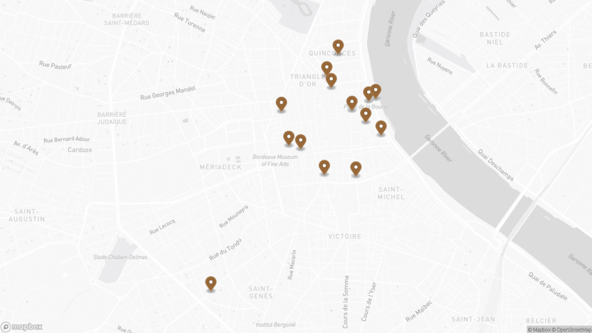 Map of the Self-Guided Walking Tour of Bordeaux, France walking route with 14 stops in Bordeaux.