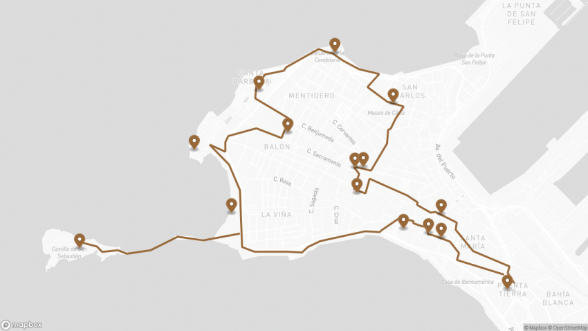 Map of the Self-Guided Walking Tour of Cádiz walking route with 15 stops in Cádiz.