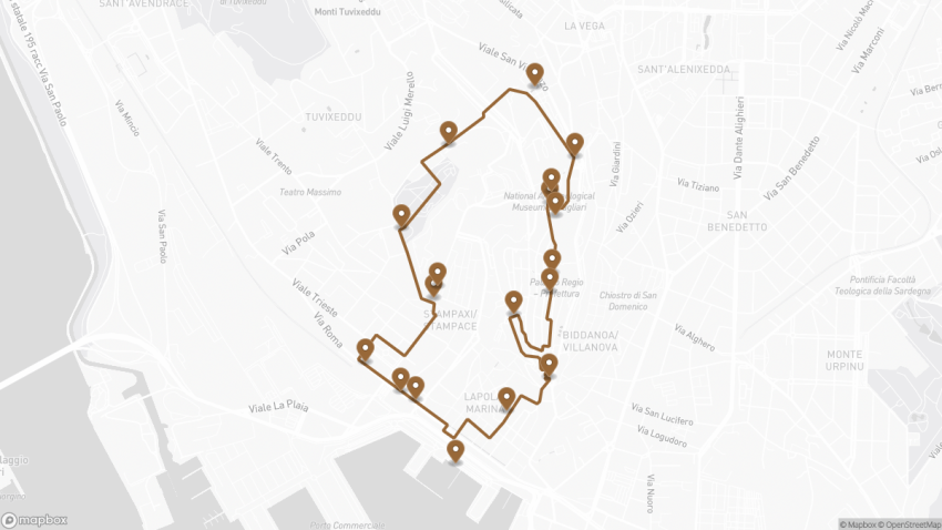 Map of the Self-Guided Walking Tour of Cagliari walking route with 18 stops in Cagliari.