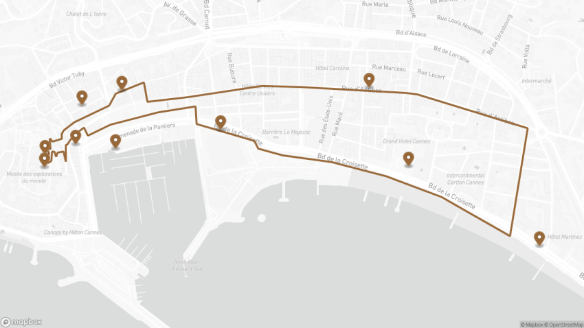 Map of the Self-Guided Walking Tour of Cannes walking route with 10 stops in Cannes.