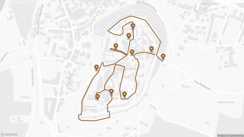 Map of the Self-Guided Walking Tour of Carcassonne walking route with 10 stops in Carcassonne.