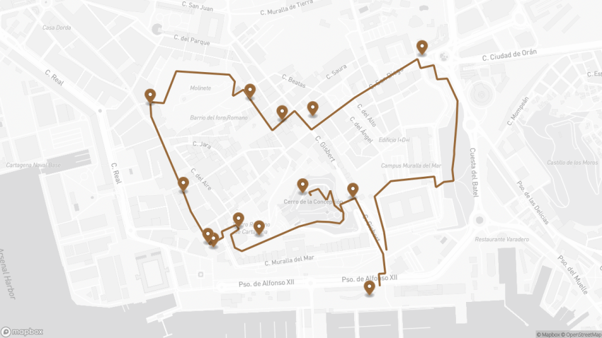 Map of the Self-Guided Walking Tour of Cartagena walking route with 13 stops in Cartagena.