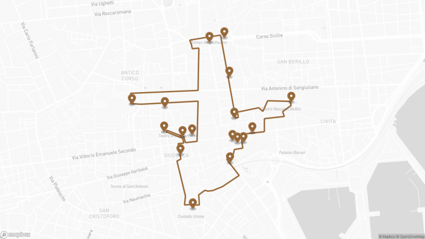 Map of the Self-Guided Walking Tour of Catania walking route with 17 stops in Catania.
