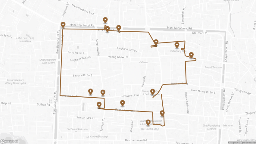 Map of the Self-Guided Walking Tour of Chiang Mai’s Temples walking route with 14 stops in Chiang Mai.