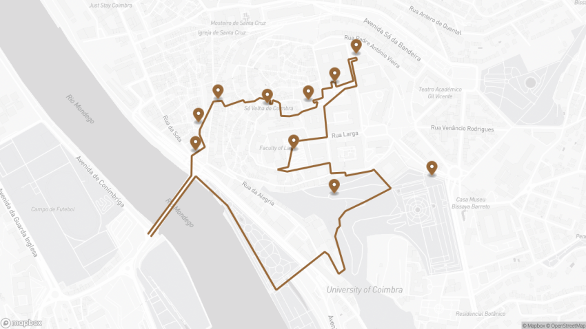 Map of the Self-Guided Walking Tour of Coimbra, Portugal walking route with 10 stops in Coimbra.