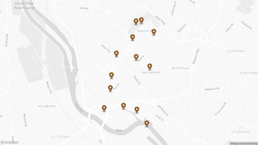 Map of the Self-Guided Walking Tour of Exeter, England walking route with 13 stops in Exeter.
