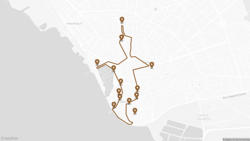 Map of the Self-Guided Walking Tour of Faro, Portugal walking route with 13 stops in Faro.