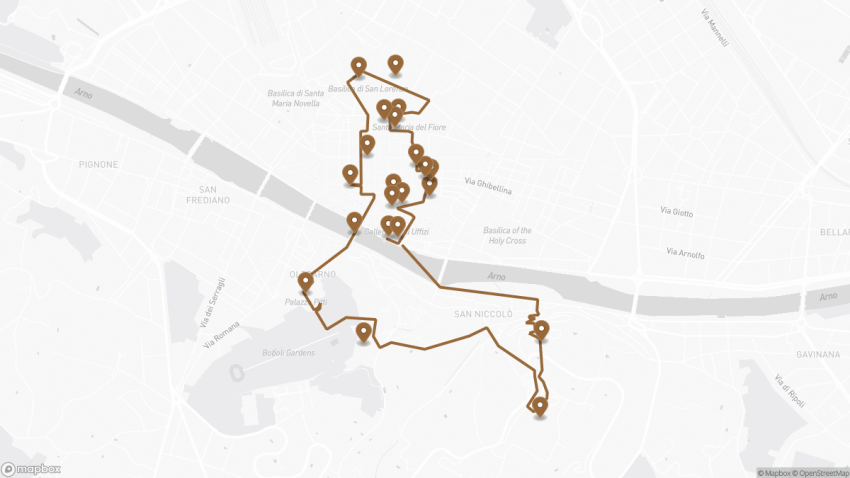 Map of the Self-Guided Walking Tour of Florence, Italy walking route with 21 stops in Florence.