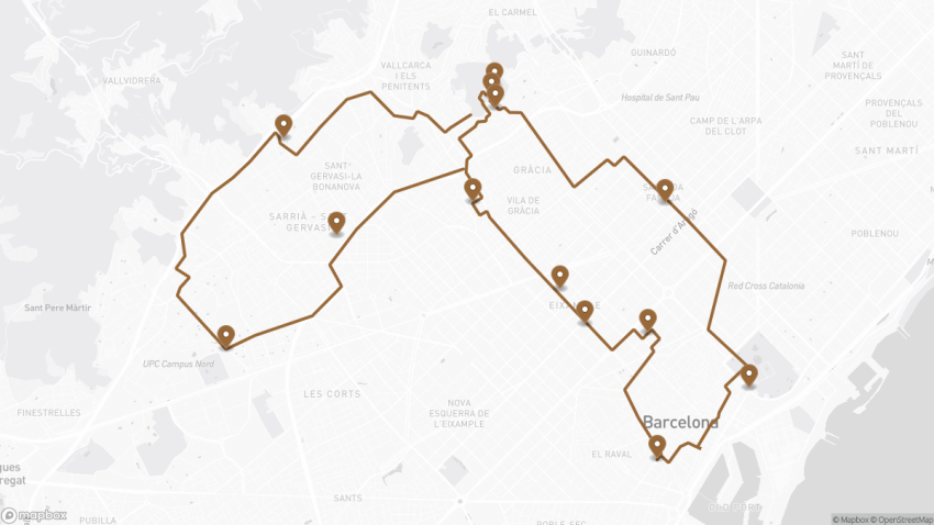 Map of the Self-Guided Walking Tour of Gaudi’s Barcelona walking route with 13 stops in Barcelona.