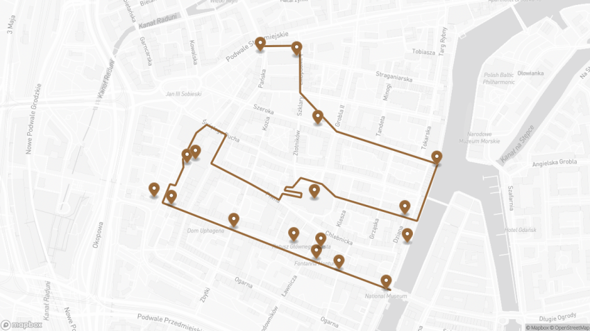 Map of the Self-Guided Walking Tour of Gdańsk, Poland walking route with 17 stops in Gdańsk.