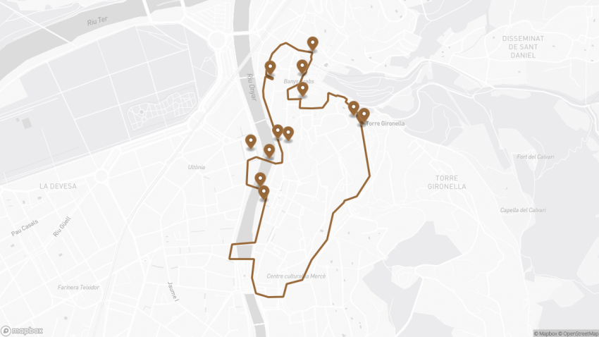 Map of the Self-Guided Walking Tour of Girona walking route with 13 stops in Girona.