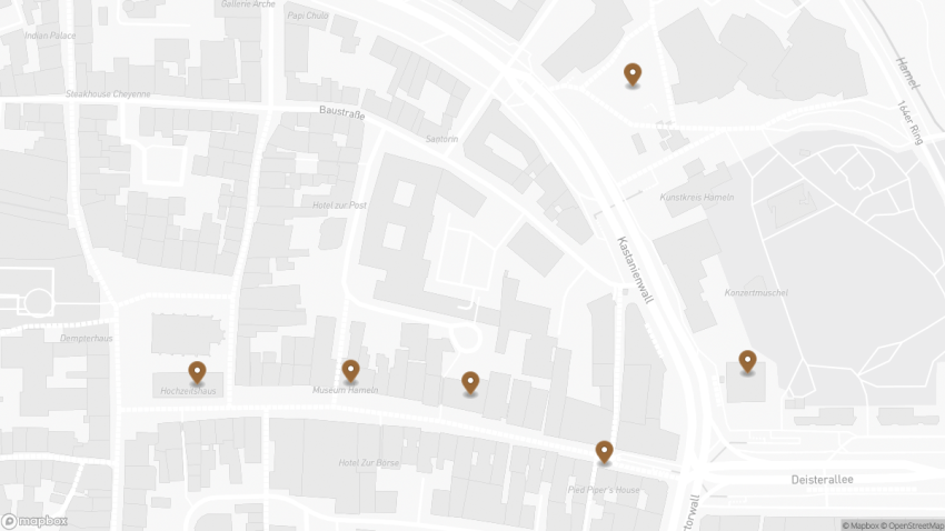 Map of the Self-Guided Walking Tour of Hamelin, Germany walking route with 6 stops in Hamelin.