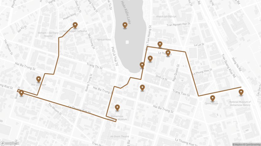 Map of the Self-Guided Walking Tour of Hanoi’s French Quarter walking route with 12 stops in Hanoi.
