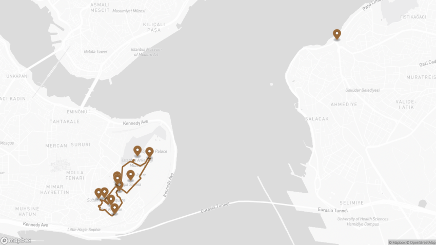 Map of the Self-Guided Walking Tour of Istanbul Old Town walking route with 11 stops in Istanbul.