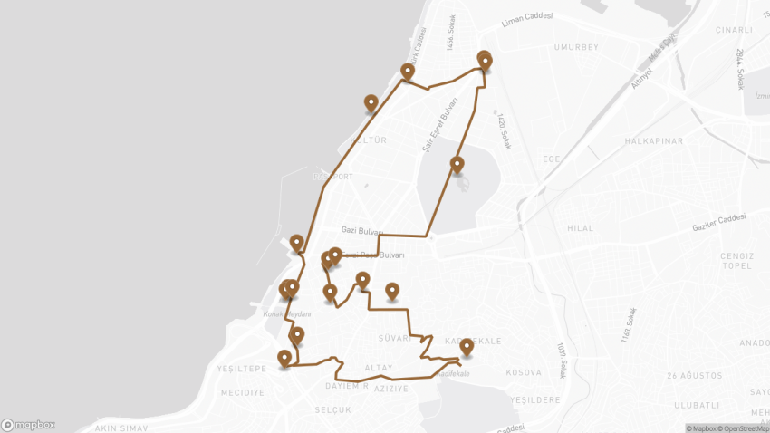 Map of the Self-Guided Walking Tour of İzmir, Turkey walking route with 17 stops in Izmir.