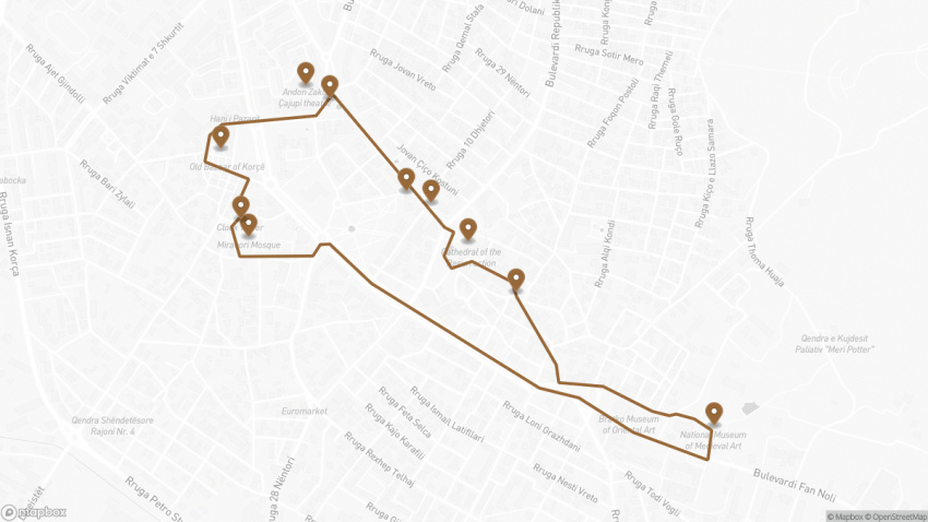 Map of the Self-Guided Walking Tour of Korça, Albania walking route with 10 stops in Korçë.