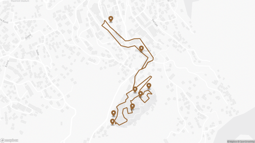 Map of the Self-Guided Walking Tour of Kruja, Albania walking route with 8 stops in Kruja.
