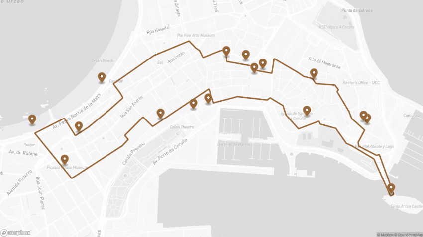 Map of the Self-Guided Walking Tour of La Coruna Old Town walking route with 16 stops in La Coruna.