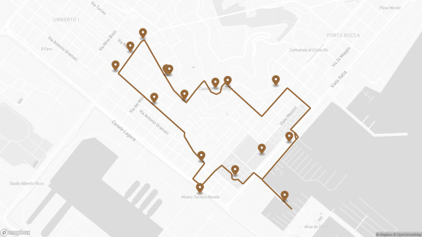 Map of the Self-Guided Walking Tour of La Spezia walking route with 16 stops in La Spezia.