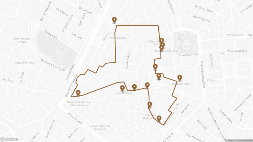 Map of the Self-Guided Walking Tour of Lecce walking route with 14 stops in Lecce.
