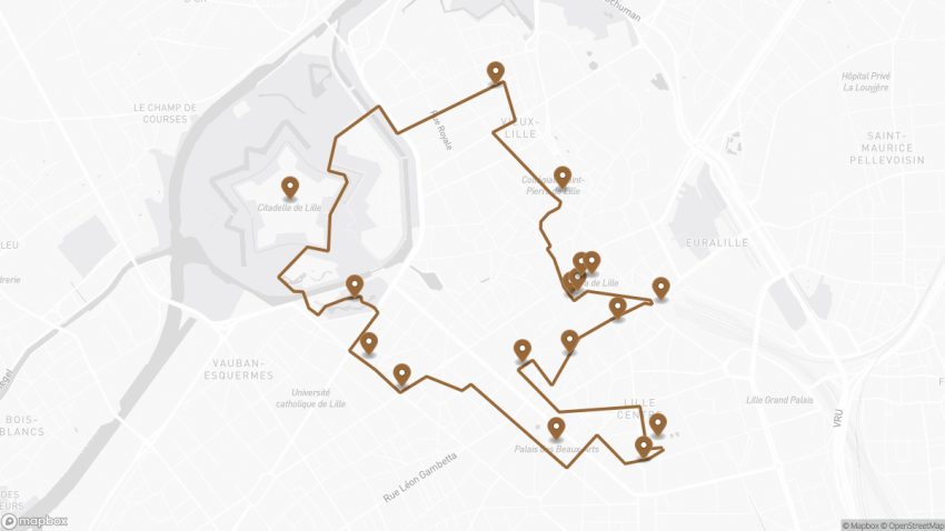 Map of the Self-Guided Walking Tour of Lille, France walking route with 17 stops in Lille.