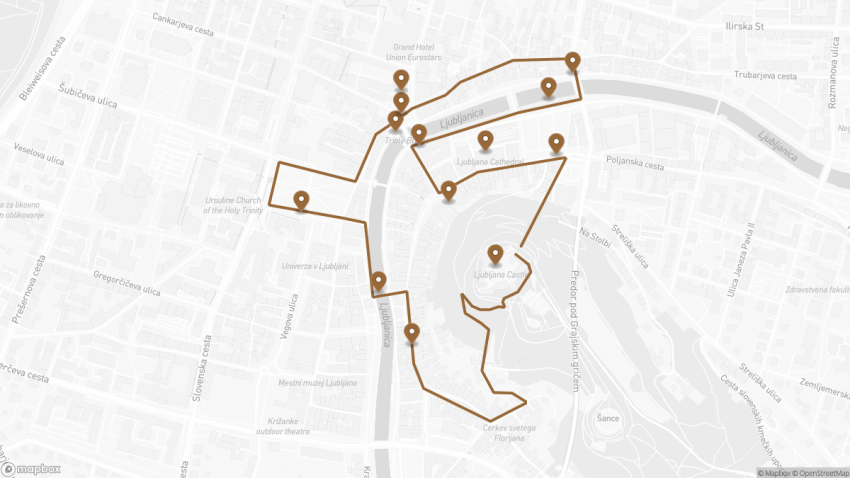 Map of the Self-Guided Walking Tour of Ljubljana, Slovenia walking route with 13 stops in Ljubljana.