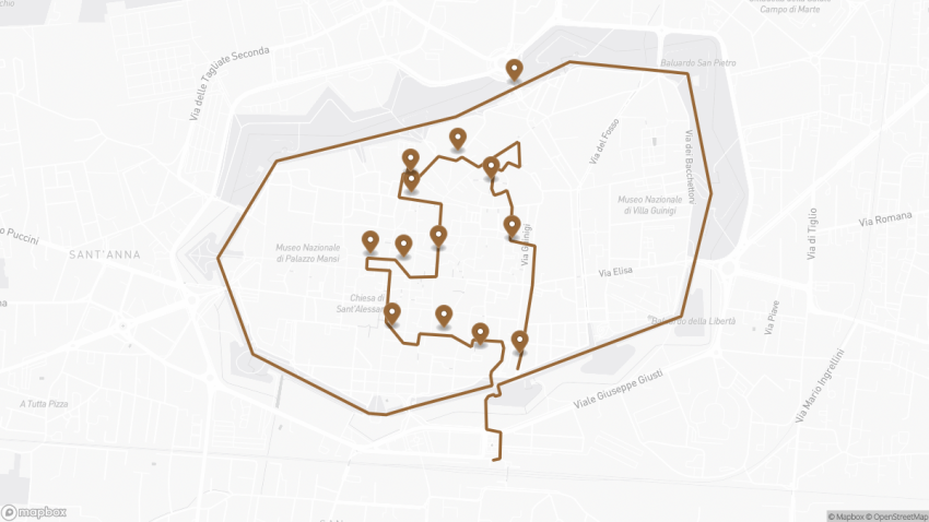 Map of the Self-Guided Walking Tour of Lucca, Italy walking route with 13 stops in Lucca.