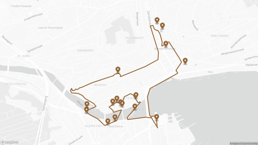 Map of the Self-Guided Walking Tour of Lucerne, Switzerland walking route with 16 stops in Lucerne.