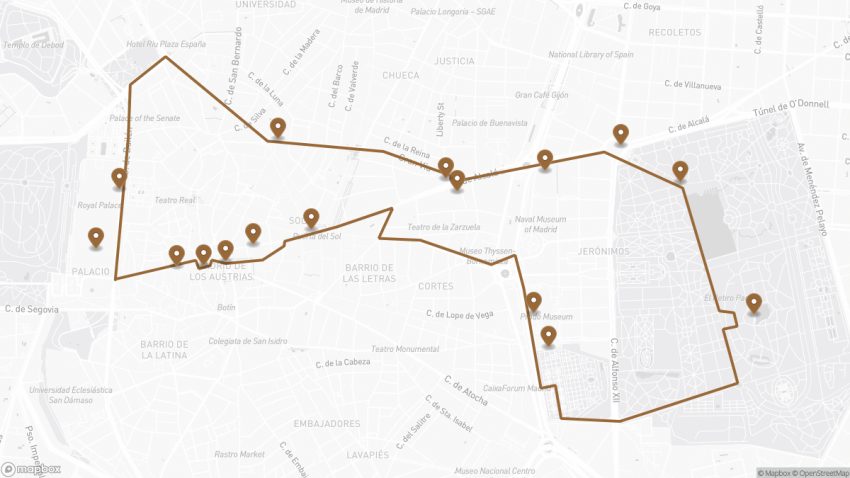 Map of the Self-Guided Walking Tour of Madrid walking route with 16 stops in Madrid.