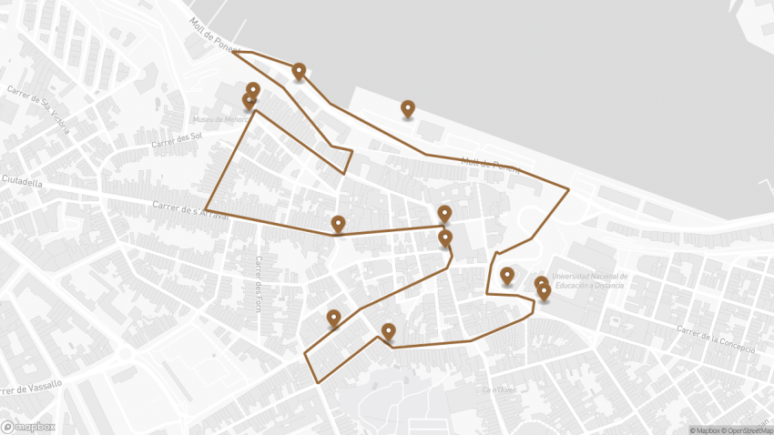 Map of the Self-Guided Walking Tour of Mahon walking route with 12 stops in Mahon.