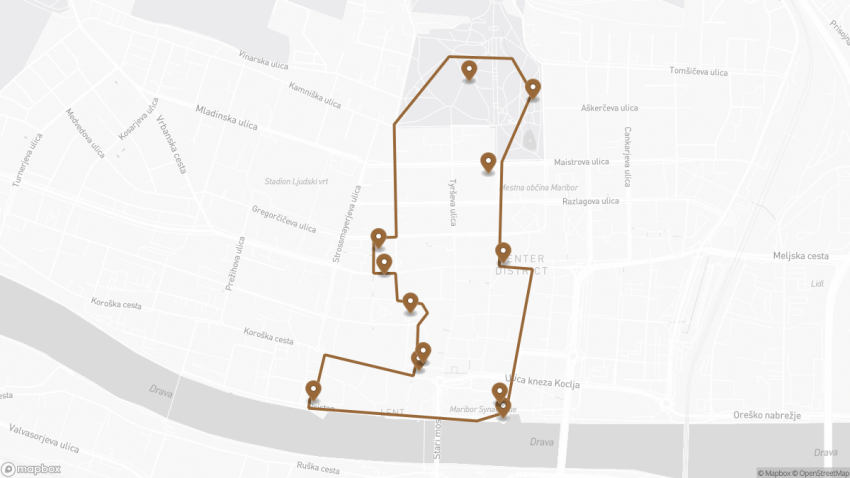 Map of the Self-Guided Walking Tour of Maribor, Slovenia walking route with 12 stops in Maribor.