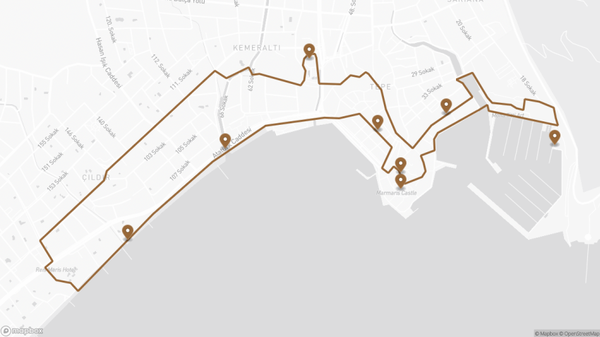 Map of the Self-Guided Walking Tour of Marmaris, Turkey walking route with 8 stops in Marmaris.