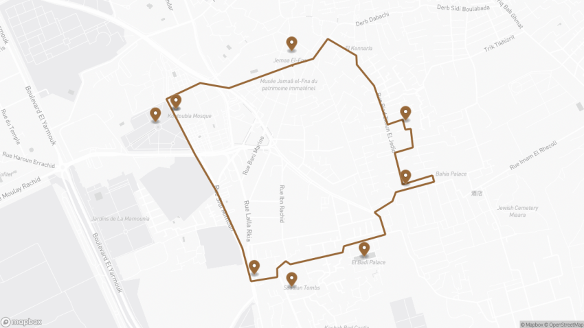Map of the Self-Guided Walking Tour of Marrakesh, Morocco walking route with 9 stops in Marrakesh.
