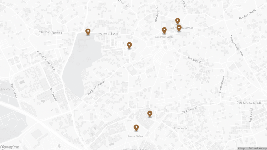 Map of the Self-Guided Walking Tour of Marrakesh’s Medina, Morocco walking route with 7 stops in Marrakesh.